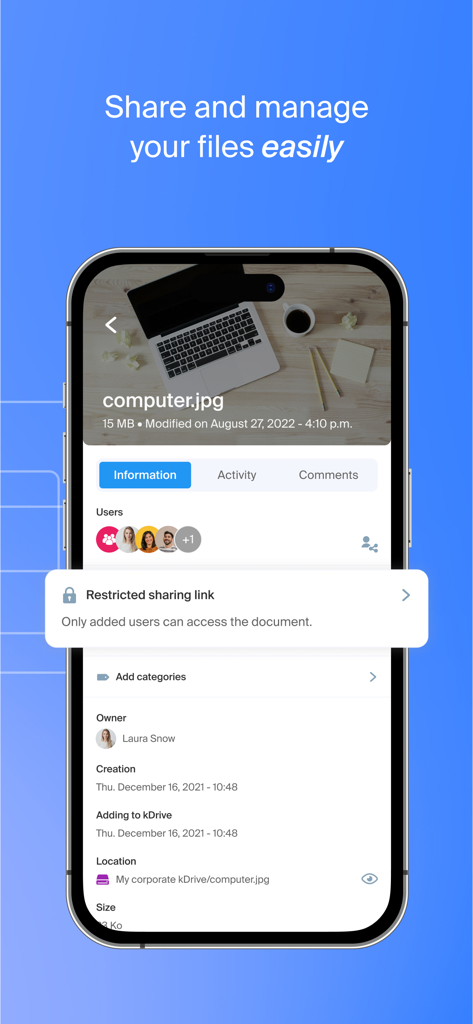 Infomaniak kDrive - Interfaccia dell'app mobile Infomaniak kDrive che mostra la condivisione sicura di file e le opzioni di gestione
