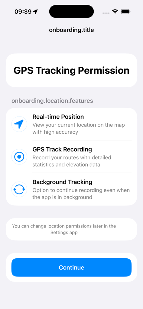 GPS Trace - Track & Record - Onboarding screen of the GPS Trace app explaining location permissions for real-time tracking and background recording.