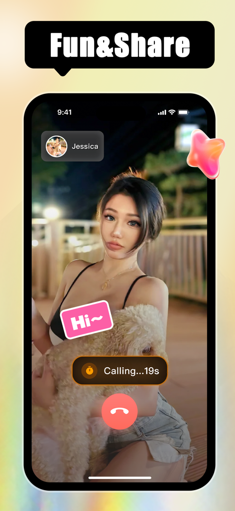 Un écran d'application mobile Kreamy montrant une interface d'appel vidéo en temps réel avec une propriétaire d'animal tenant son chien.