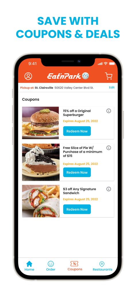 Eat'n Park app screen displaying exclusive mobile coupons for burgers and discounts