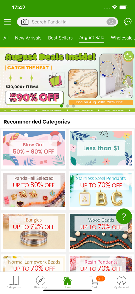 Pandahall  Beads - Home screen of the PandaHall Beads app showing wholesale jewelry making supplies with August sale discounts and categories.