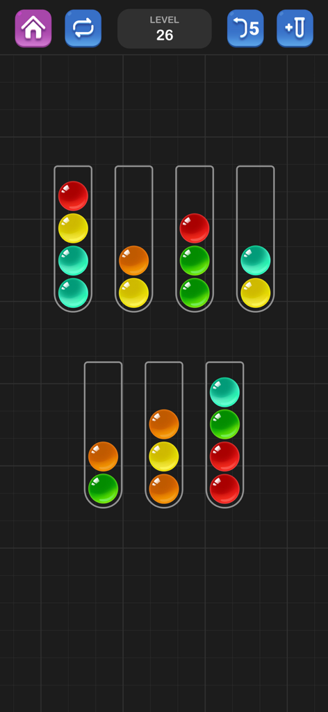 A screen from the Ball Sort Puzzle game featuring colored balls in tubes for sorting