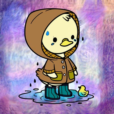 baby duck in a rain coat and boots, in a puddle while it’s raining