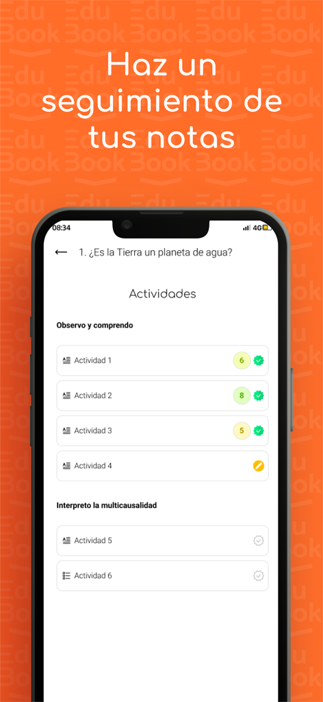 EduBook - Pantalla de la aplicación móvil EduBook que muestra las calificaciones de actividad del estudiante y el seguimiento del progreso de aprendizaje.