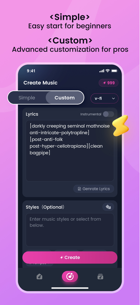 MakeBestMusic: AI Music - The MakeBestMusic app interface showing the custom creation screen with options for lyrics, styles, and music generation.