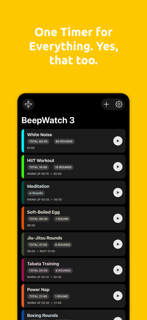 BeepWatch Interval Timer - BeepWatch app screen showing various timer presets for HIIT workouts meditation and productivity