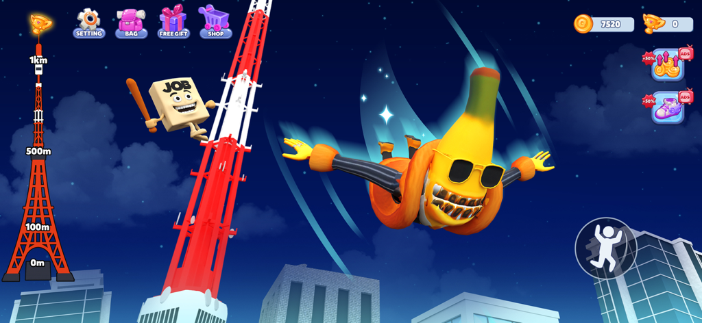 Brainzot Climb and Jump - Un elegante personaggio banana con occhiali da sole che salta da un'alta torre rossa in una città di notte.