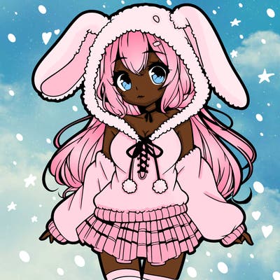 pretty anime girl wearing a fluffy hoodie with bunny ears on the hood and a skirt