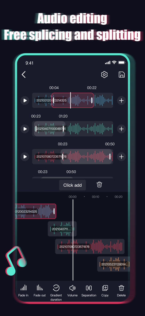 Audio Editor Ringtone Maker - Interface móvel do aplicativo Audio Editor Ringtone Maker mostrando recursos de corte e divisão de áudio multi-faixa com formas de onda e uma barra de ferramentas de edição inferior