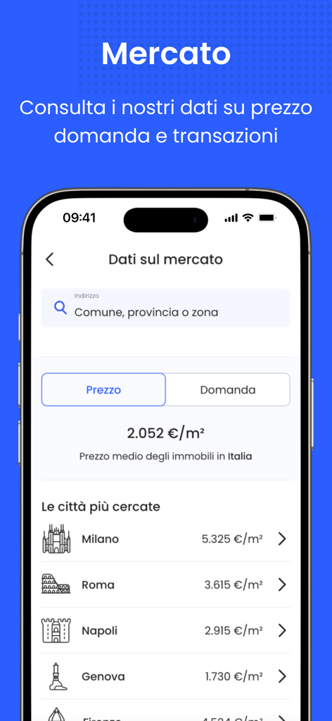 Wikicasa - Cerca e vendi casa - Wikicasa app interface showing Italian real estate market trends and property prices per square meter