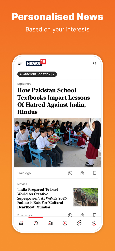 News18 app interface displaying personalized news articles and headlines about India