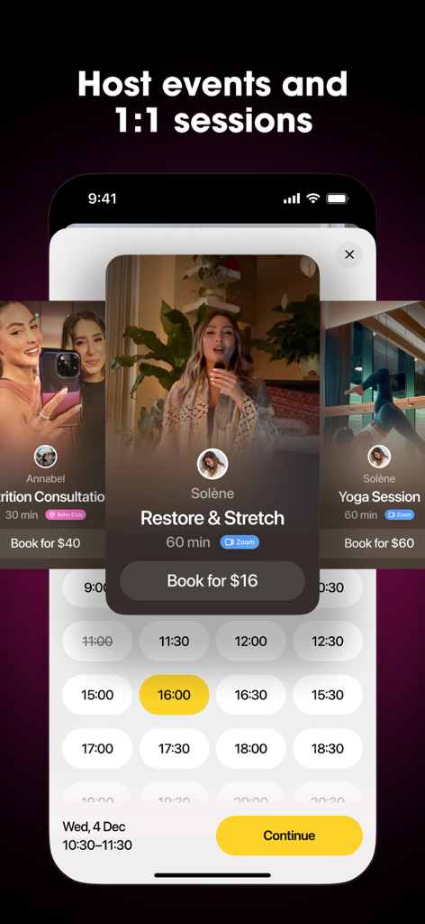 Interface of Locals app showing options to book 1-on-1 sessions and community events with a calendar time picker