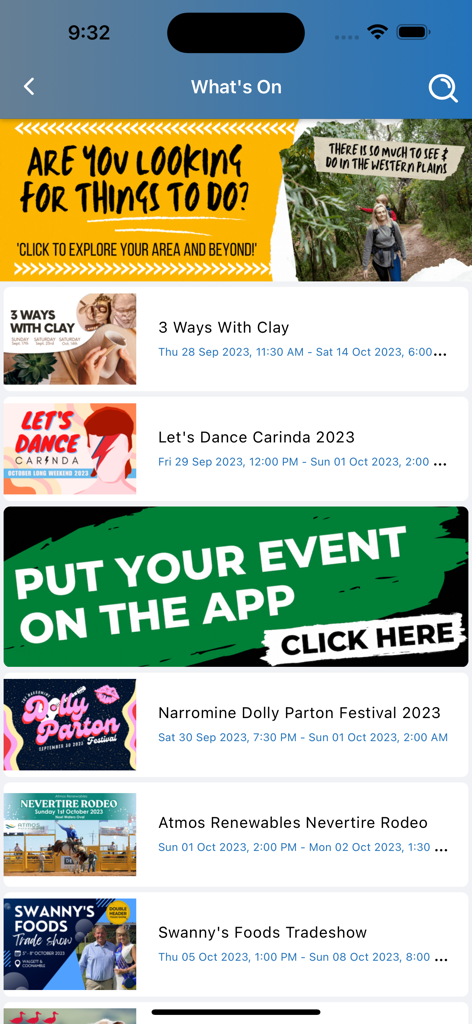 The Whats On section of the Western Plains App showing a list of local community events and festivals