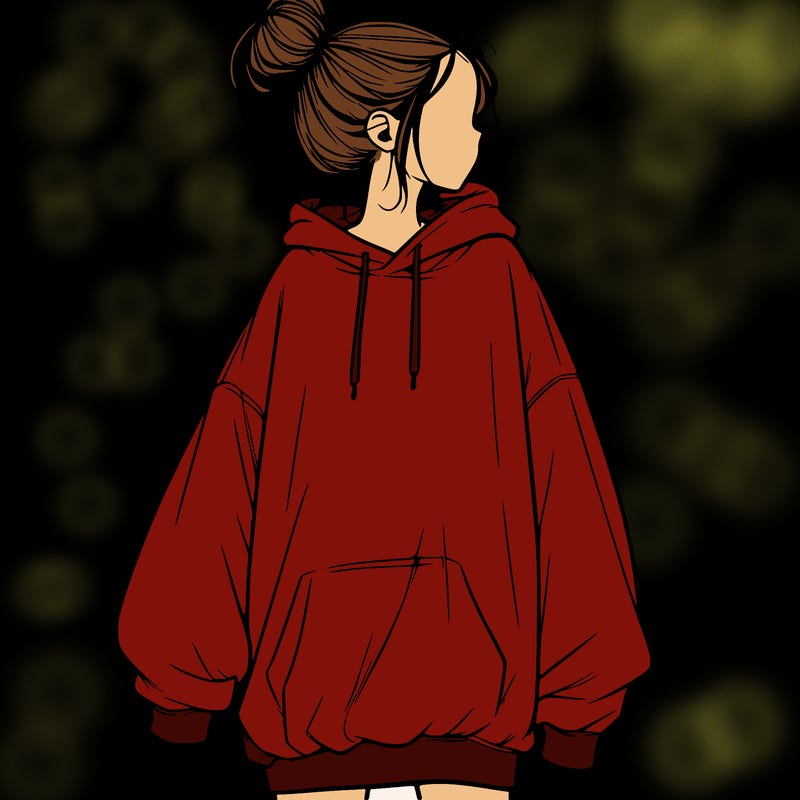 realistic girl with a oversized sweatshirt on and a bun