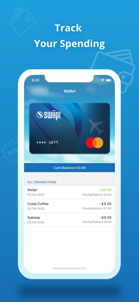 Swiipr - A screenshot of the Swiipr app interface showing a virtual Mastercard and a transaction history for tracking expenses