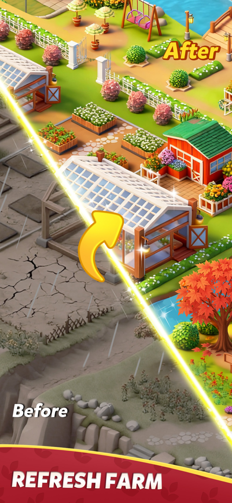 Family Farm Match - A before and after comparison of a dry grey farm transformed into a vibrant colorful garden with a greenhouse and barn in Family Farm Match