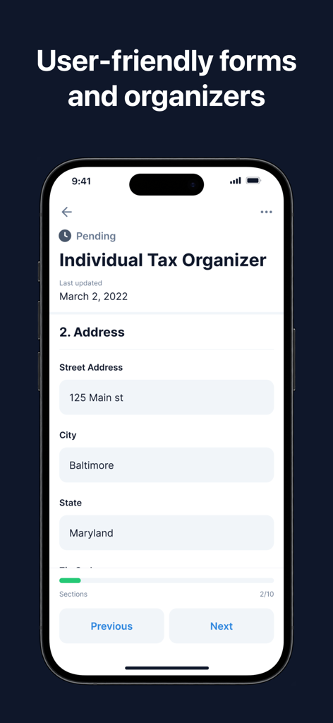 Interface de l'application mobile Portail Client TaxDome montrant un formulaire d'organisateur fiscal individuel convivial avec des champs de saisie d'adresse