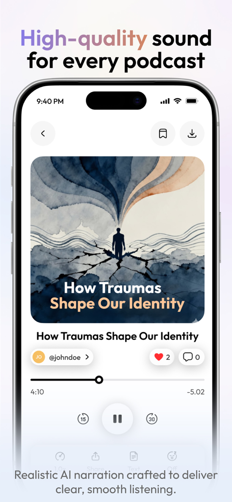 Podit app interface showing an AI-generated podcast player with realistic narration for a study session