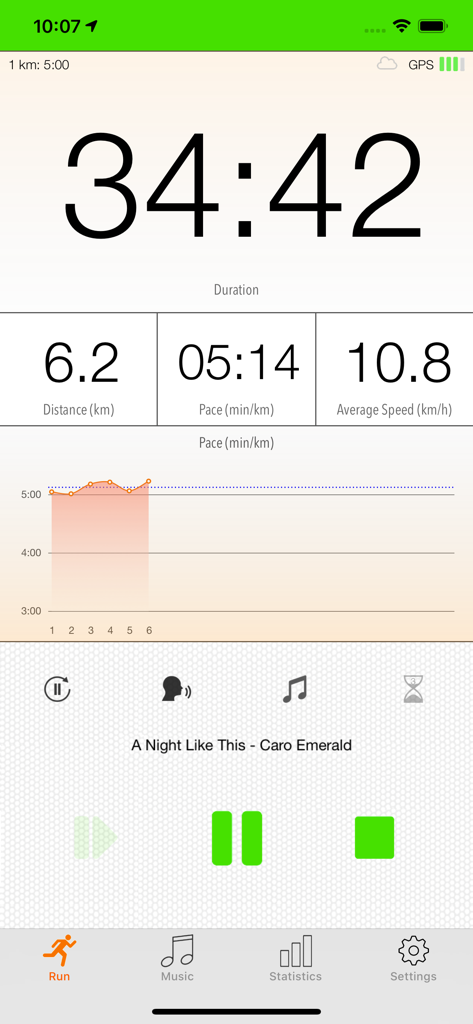 Echtzeit-Laufstatistiken einschließlich Dauer, Distanz und Tempo in der Benutzeroberfläche von run.App