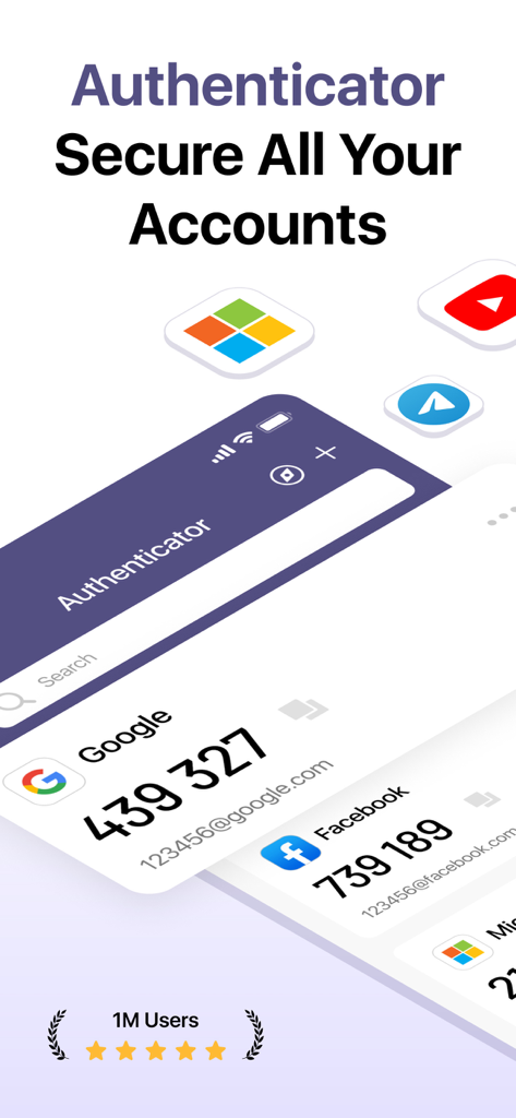 Panel de la aplicación de autenticación que muestra códigos de autenticación de dos factores para cuentas de Google y Facebook