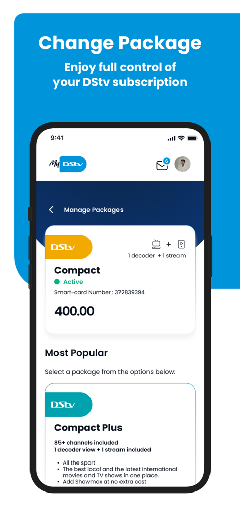 Interface of MyDStv app showing subscription management and package upgrade options