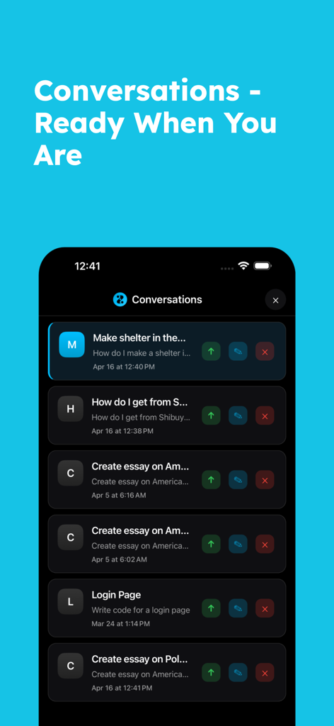 Zuno - Local & Private AI Chat - Lista de conversaciones de chat IA privadas en la interfaz de la aplicación Zuno