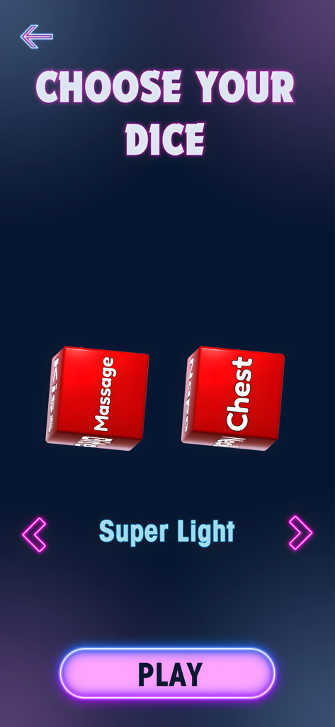 Sex Dice: Explore New Desires - Interfaz de la aplicación Dados Eróticos mostrando la selección de dos dados rojos con las palabras Masaje y Pecho bajo la categoría Súper Suave.