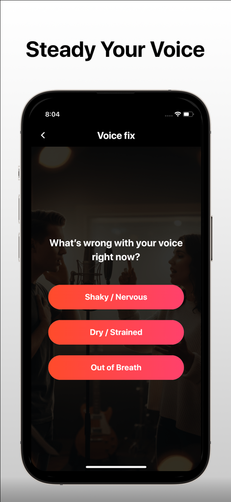 MyTone - Singing & Vocal Coach - MyTone app screen showing the Voice Fix feature with options for Shaky or Nervous, Dry or Strained, and Out of Breath voice states.