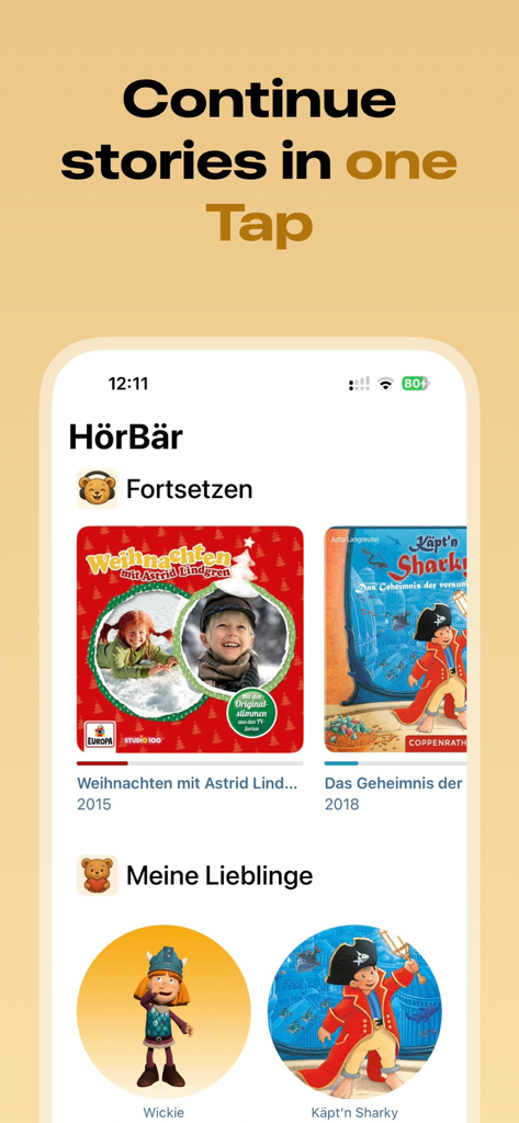 HörBär - Kids Stories - Interfaz de usuario de la aplicación HörBär que muestra secciones para continuar historias y personajes favoritos