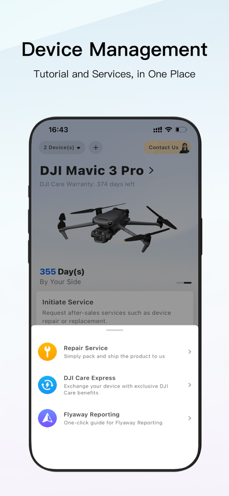 DJI Store app interface displaying device management and repair services for the DJI Mavic 3 Pro drone.