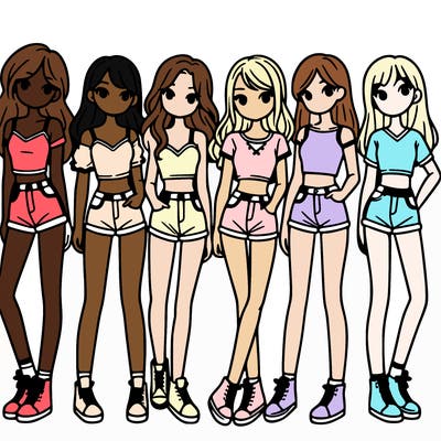 a group of girls wearing crop tops and shorts