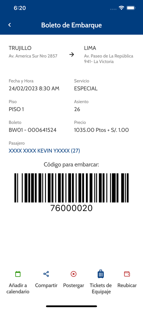 Digital bus boarding pass in the Linea app showing travel details from Trujillo to Lima with a scannable barcode