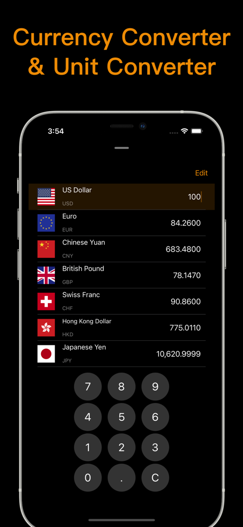 Calculator with History + - Currency converter interface within the Calculator with History plus app showing exchange rates for global currencies.