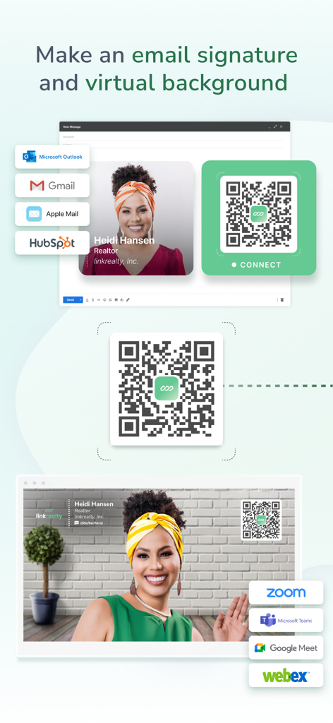 Interface de l'application HiHello montrant des signatures d'e-mail numériques et des arrière-plans de réunion virtuelle avec des codes QR intégrés.