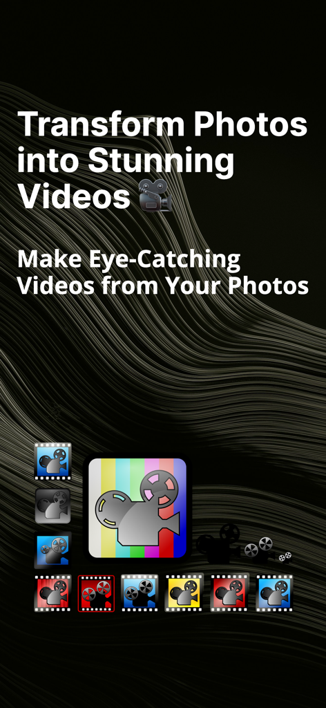 AI Video: Image to Video Maker - Pantalla de la aplicación AI Video mostrando texto sobre la transformación de fotos en vídeos impresionantes con varias opciones de iconos de estilo