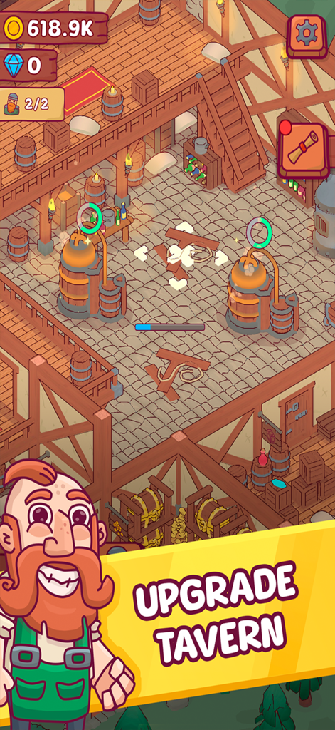 Heroes Tavern: Idle Pub Tycoon - Isometric view of a fantasy tavern interior with a red bearded innkeeper and text saying upgrade tavern