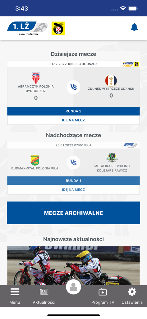 Interface of the POLSKI ZUZEL.PL app displaying current and upcoming speedway matches