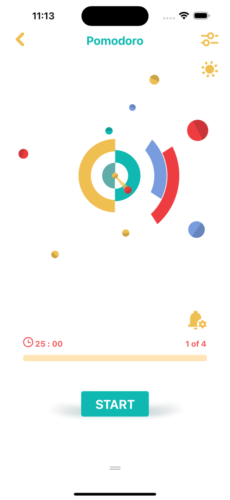 Pomodoro Daily - Una interfaz minimalista de la aplicación Pomodoro Daily que muestra un temporizador de enfoque de 25 minutos con formas abstractas coloridas y un botón de inicio de color verde azulado