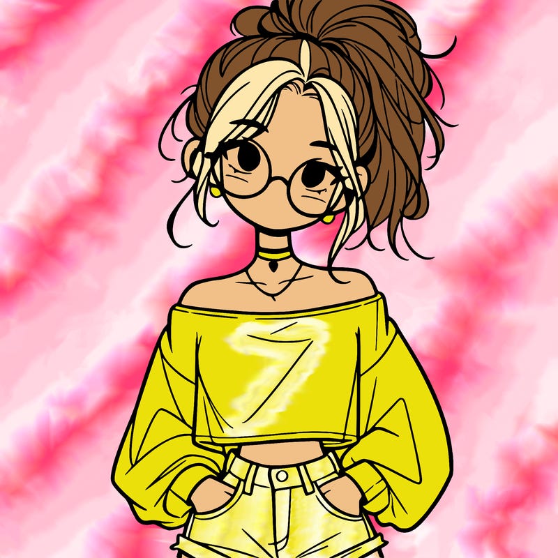 girl with a messy ponytail glasses a baggy crop top and jean shorts