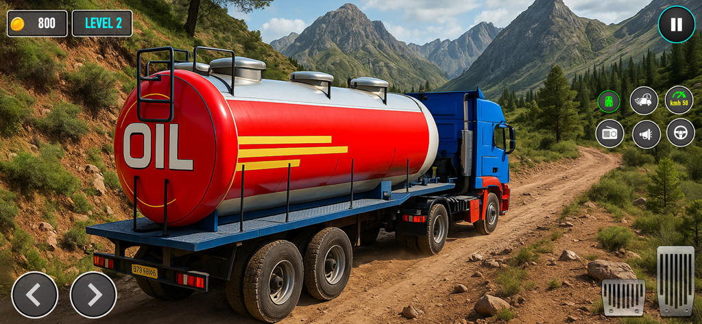 Oil Tanker Supply Truck 2025 - A blue and red oil tanker truck driving on a dirt mountain road in a 3D driving simulation game.