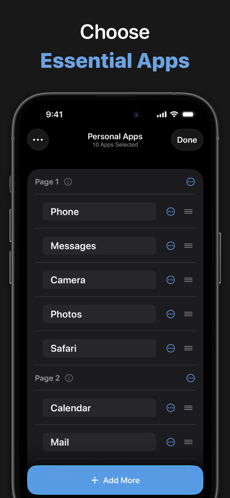 Interface of the Dumb Phone app for selecting essential apps with a minimalist design
