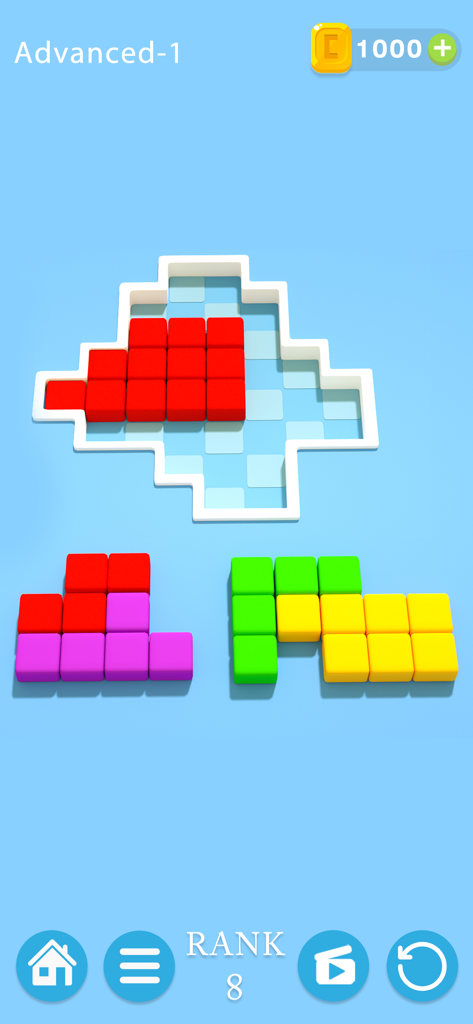 A minimalist block puzzle level in the Puzzledom app featuring colorful blocks and a white grid outline on a blue background.