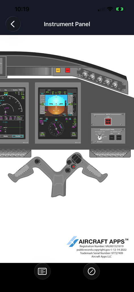 iEMBRAER Type Rating Prep - Digital diagram of an Embraer aircraft instrument panel including primary flight displays and control yoke