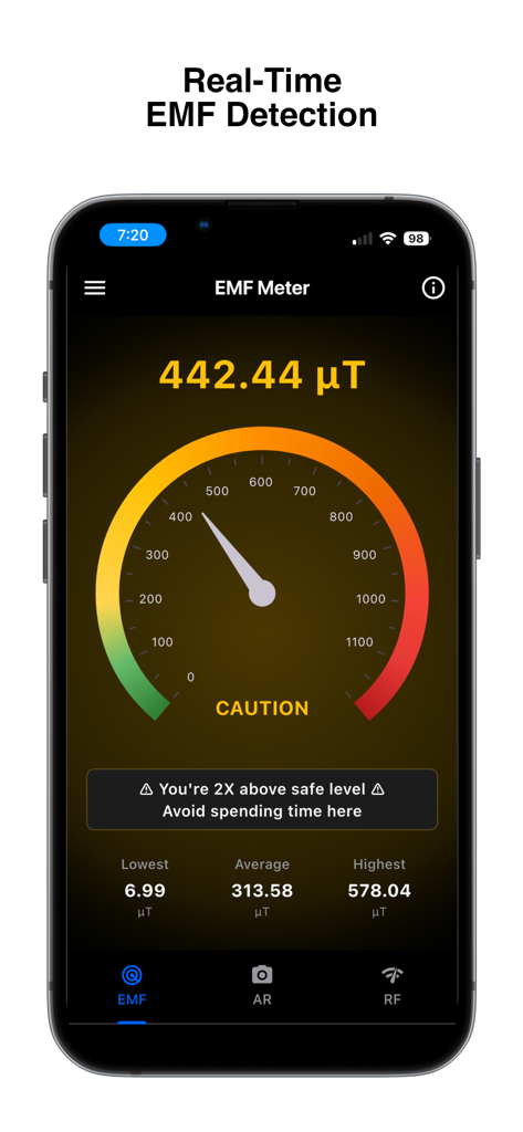 EMF Meter - Pantalla del iPhone mostrando la aplicación Medidor EMF con una lectura en tiempo real de 442.44 microteslas y una alerta de seguridad de precaución