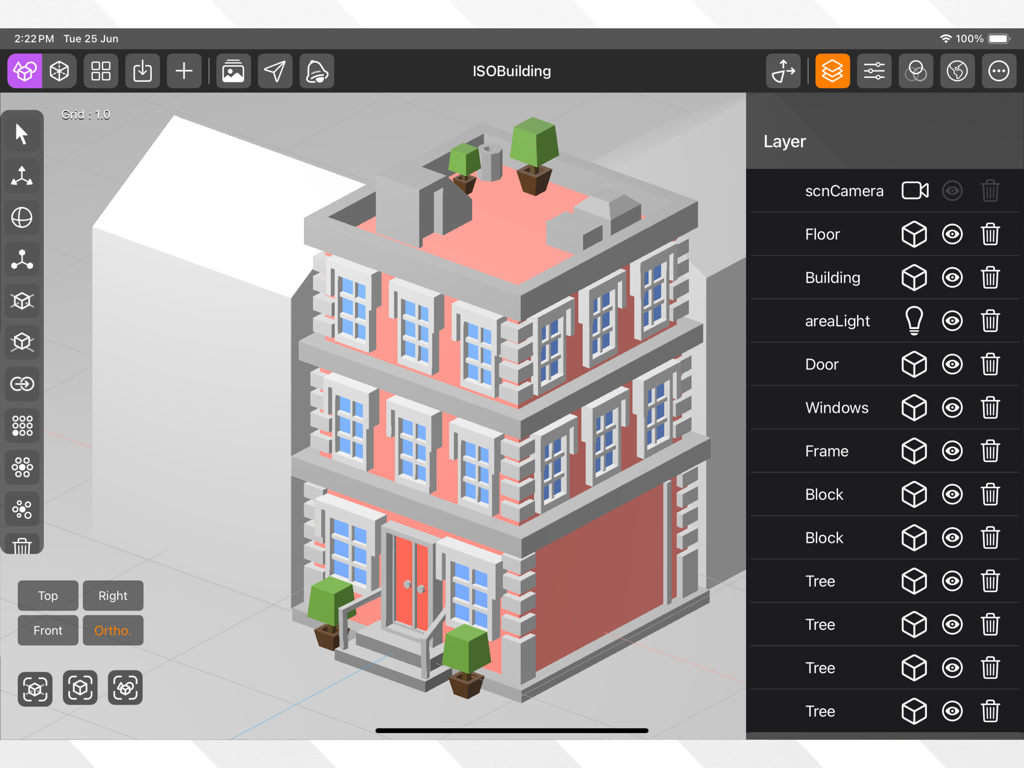 App di modellazione 3D DGArt su iPad che visualizza un modello isometrico di un edificio e il pannello dei livelli