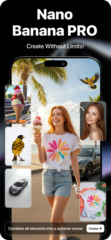 Mobile app interface demonstrating the AI image blending feature to create a summer scene from multiple individual elements