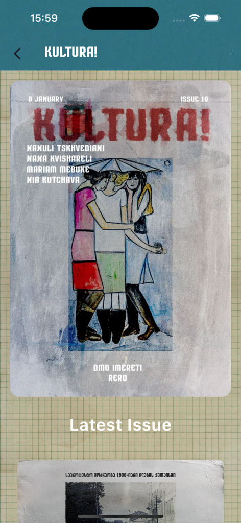 쿠타이시 여행의 모바일 앱 화면으로, 지역 예술과 이름을 다루는 최신호가 포함된 문화 잡지 섹션인 Kultura가 표시됩니다.