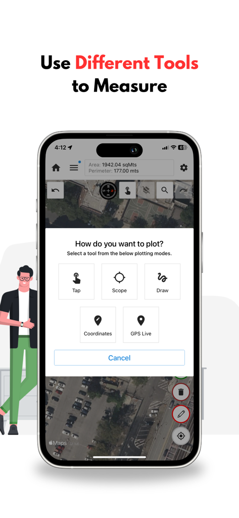 GPS Land Measurement & Survey - Interface of the Mapulator app showing various plotting tools like Tap, Scope, Draw, and GPS Live over a satellite map for land measurement.