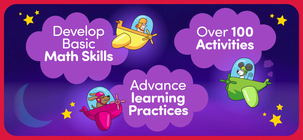 Gráfico promocional para ToyaTap 123 Go plus que muestra características educativas que incluyen habilidades matemáticas básicas y más de 100 actividades.