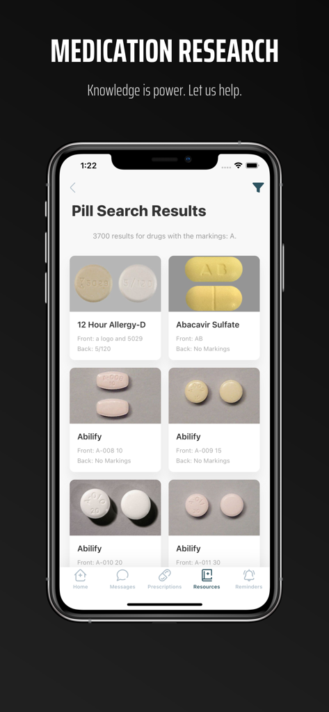 Tela de resultados de busca de pílulas no aplicativo Sav-Mor Drugs Pharmacy exibindo imagens e detalhes de diferentes medicamentos.